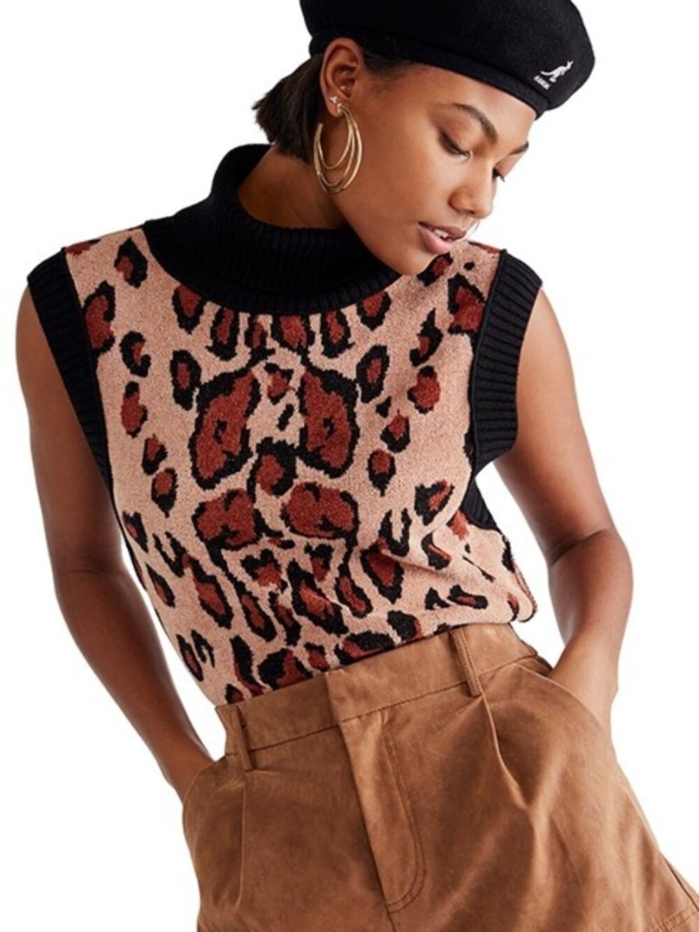 Free People Little Animal Sweater Vest Shirt Top in Leopard Cheetah Print Small